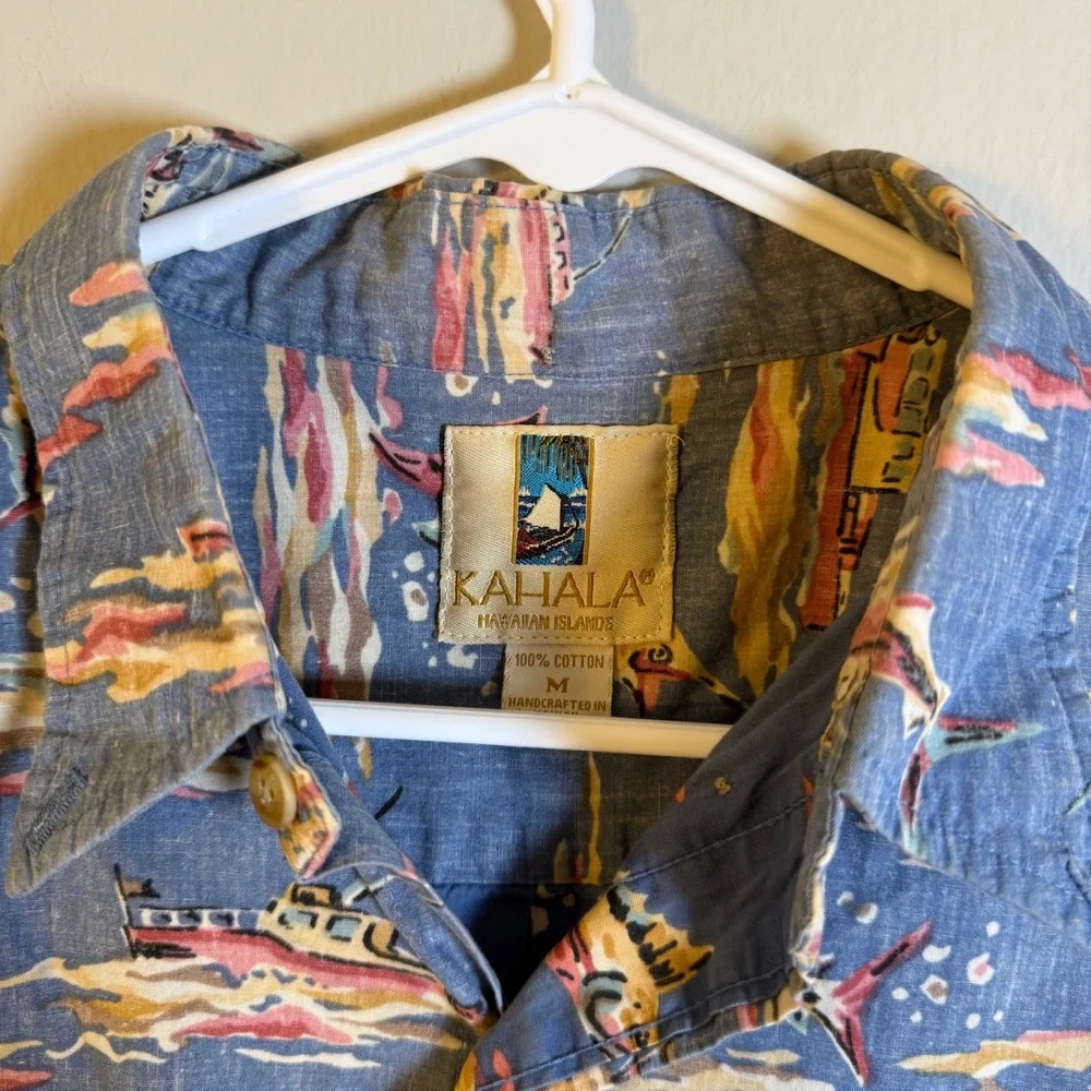 Kahala Mens Blue Cotton Marlin‎ Fishing Boat Hawaiian Aloha Shirt M Handcrafted